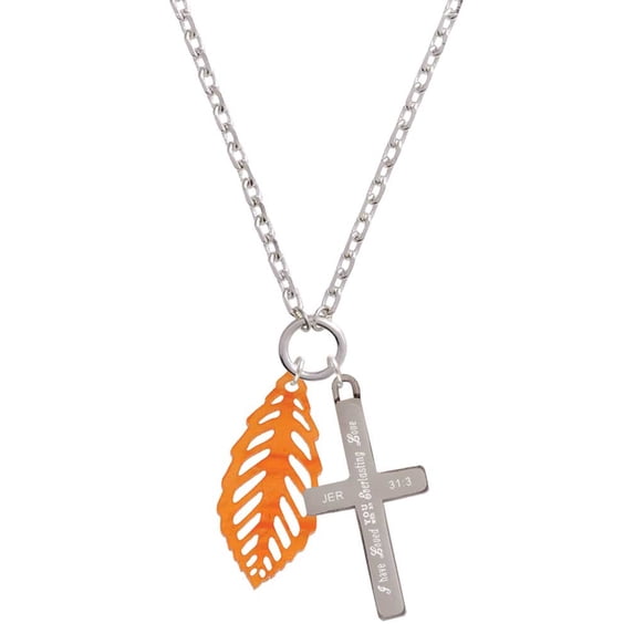 Delight Jewelry Acrylic Medium Leaf Pearly Orange Everlasting Love Engraved Cross Zoey Necklace, 28"