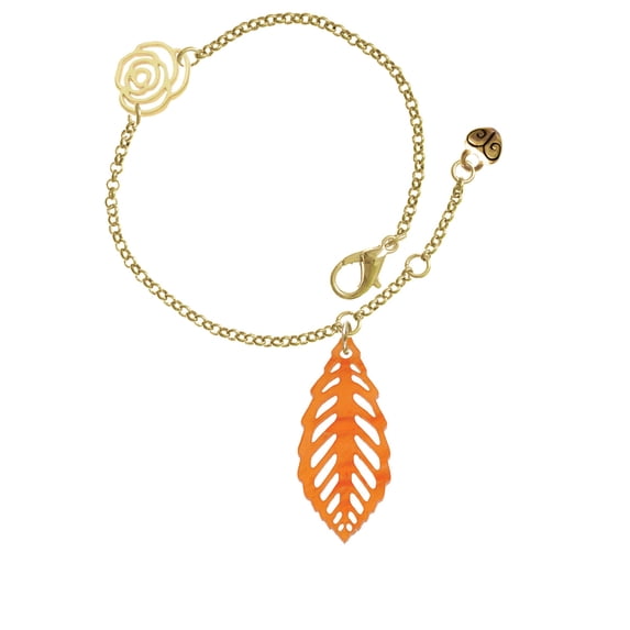 Delight Jewelry Acrylic Medium Leaf Pearly Orange Gold-tone Rose Link Chain Bracelet, 6.25"+1.75" Extender