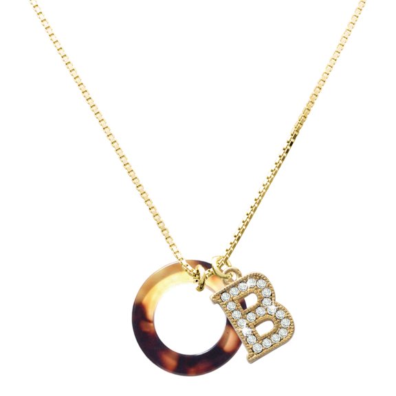 Delight Jewelry Acrylic Medium Ring Mixed Brown and Yellow - Large Goldtone Crystal Initial - B - Charm Necklace, 17.5"+2"