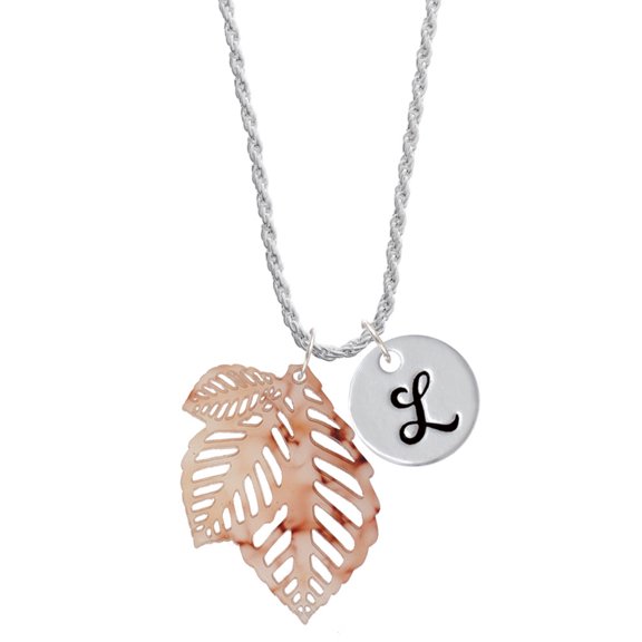 Delight Jewelry Acrylic Medium Triple Leaf Mixed Brown and Yellow Silvertone Script Initial Disc - L - Charm Necklace, 20"+3"