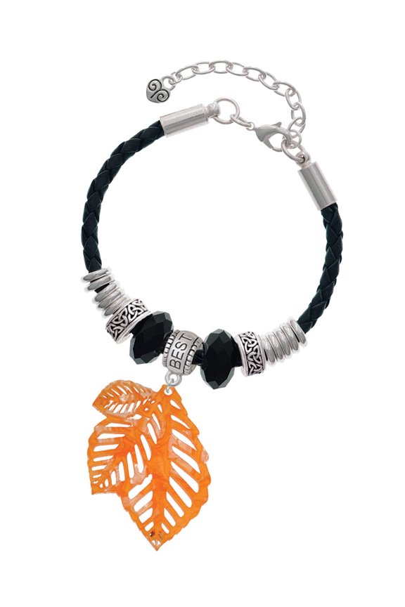 Acrylic Medium Triple Leaf Pearly Orange Best Friend Celtic Knot Leather Bead Bracelet, 7"+2" Extender