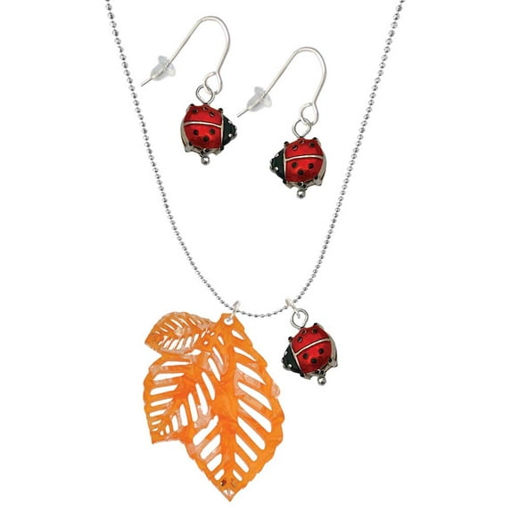 Delight Jewelry Acrylic Medium Triple Leaf Pearly Orange Red Lucky Ladybug Necklace and Dangle Earrings Set