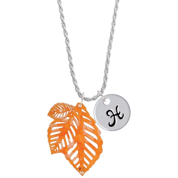Delight Jewelry Acrylic Medium Triple Leaf Pearly Orange Silvertone Script Initial Disc - H - Charm Necklace, 20"+3"
