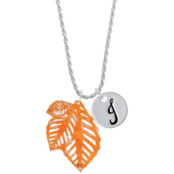 Delight Jewelry Acrylic Medium Triple Leaf Pearly Orange Silvertone Script Initial Disc - J - Charm Necklace, 20"+3"