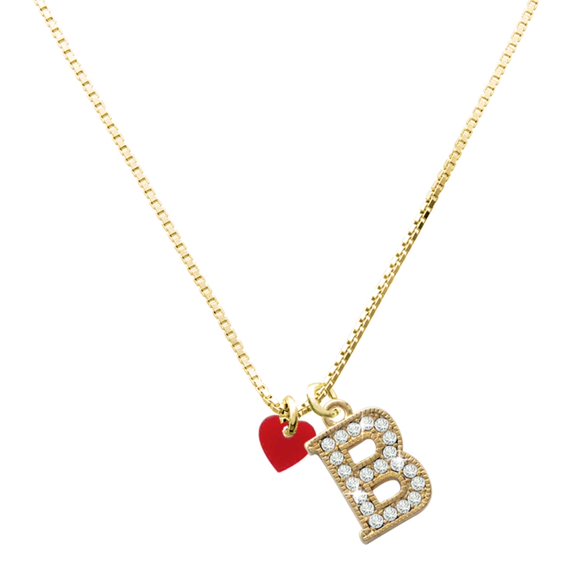 Delight Jewelry Acrylic Mini Maroon Heart - Large Goldtone Crystal Initial - B - Charm Necklace, 17.5"+2"