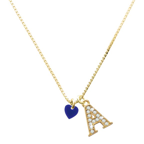 Delight Jewelry Acrylic Mini Navy Blue Heart - Large Goldtone Crystal Initial - A - Charm Necklace, 17.5"+2"