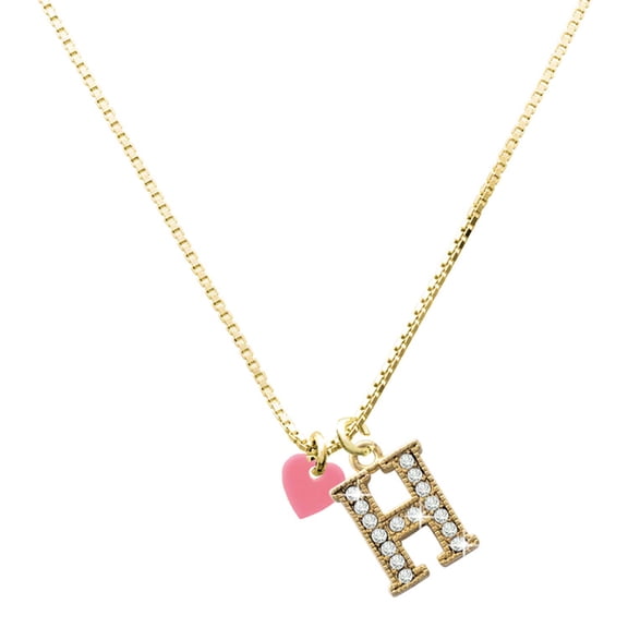 Delight Jewelry Acrylic Mini Pink Heart and Large Goldtone Crystal Initial H Charm Necklace, 17.5"+2"