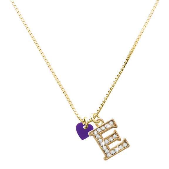 Delight Jewelry Acrylic Mini Purple Heart - Large Goldtone Crystal Initial - E - Charm Necklace, 17.5"+2"