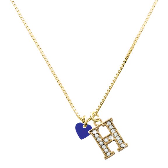 Delight Jewelry Acrylic Mini Royal Blue Heart and Large Goldtone Crystal Initial H Charm Necklace, 17.5"+2"