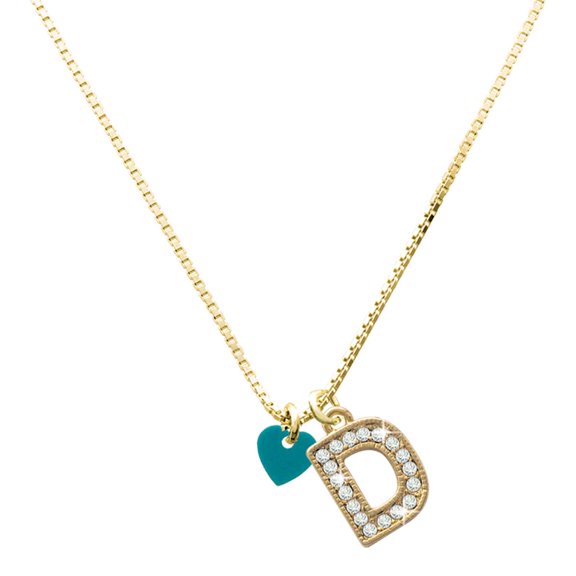 Delight Jewelry Acrylic Mini Teal Heart - Large Goldtone Crystal Initial - D - Charm Necklace, 17.5"+2"