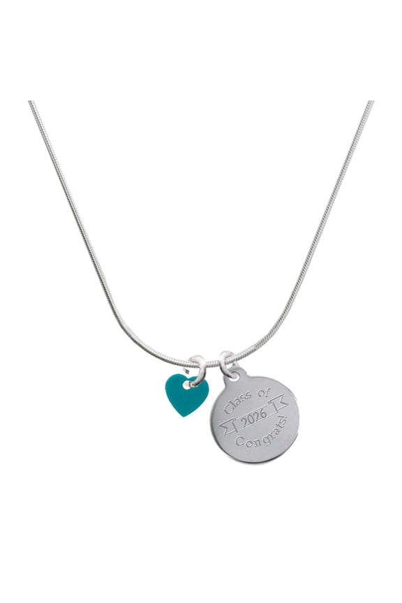Acrylic Mini Teal Heart - Silvertone Engraved Congrats Class of 2026 Charm Necklace, 18"