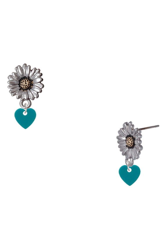 Acrylic Mini Teal Heart - Two-tone Daisy Flower Post Earrings