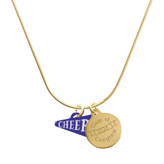 Delight Jewelry Acrylic Navy Cheer Megaphone - Goldtone Engraved Congrats Class of 2026 Charm Necklace, 18"