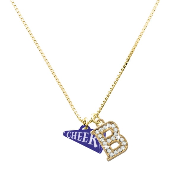 Delight Jewelry Acrylic Navy Cheer Megaphone - Large Goldtone Crystal Initial - B - Charm Necklace, 17.5"+2"