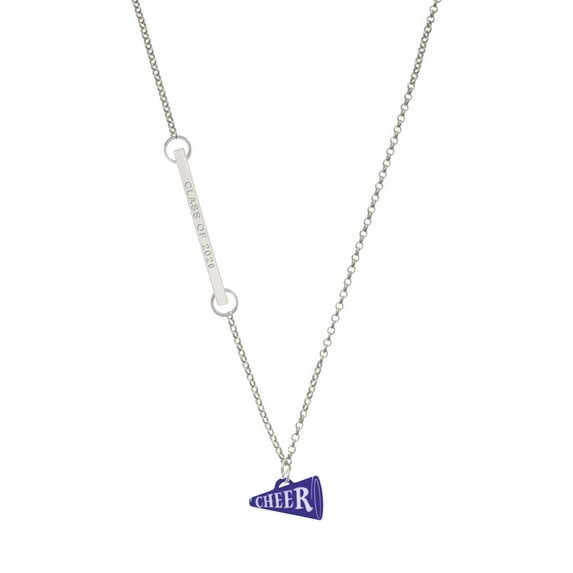 Delight Jewelry Acrylic Navy Cheer Megaphone - Silvertone Class of 2026 Delicate Bar Necklace, 18.75"