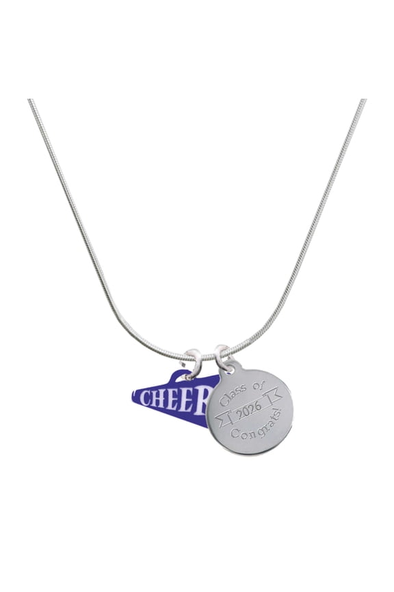 Acrylic Navy Cheer Megaphone - Silvertone Engraved Congrats Class of 2026 Charm Necklace, 18"