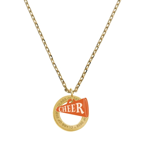 Delight Jewelry Acrylic Orange Cheer Megaphone - Goldtone Class of 2026 Affirmation Ring Necklace, 23"