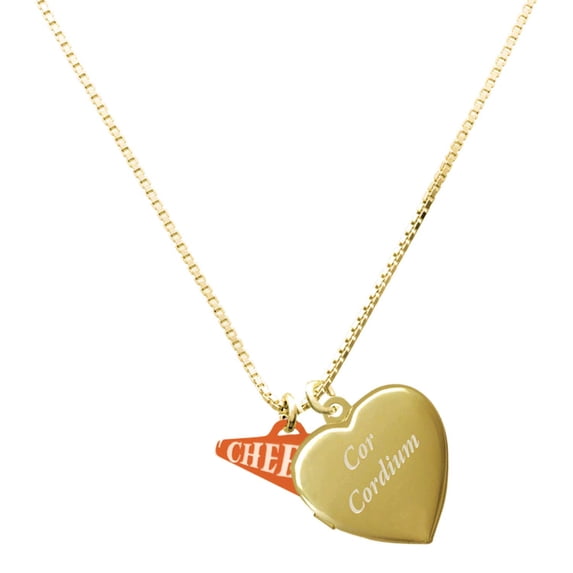 Delight Jewelry Acrylic Orange Cheer Megaphone - Goldtone Engraved Cor Cordium Heart Locket Necklace, 17.5"+2" Extender