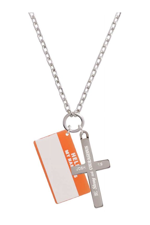 Acrylic Orange "Hello" Name Tag Be Strong and Courageous Engraved Cross Zoey Necklace, 28"