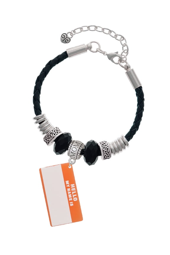 Acrylic Orange "Hello" Name Tag Mom Celtic Knot Leather Bead Bracelet, 7"+2" Extender