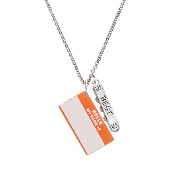 Delight Jewelry Acrylic Orange "Hello" Name Tag Silvertone Best Friends Forever Bar Charm Necklace, 23"