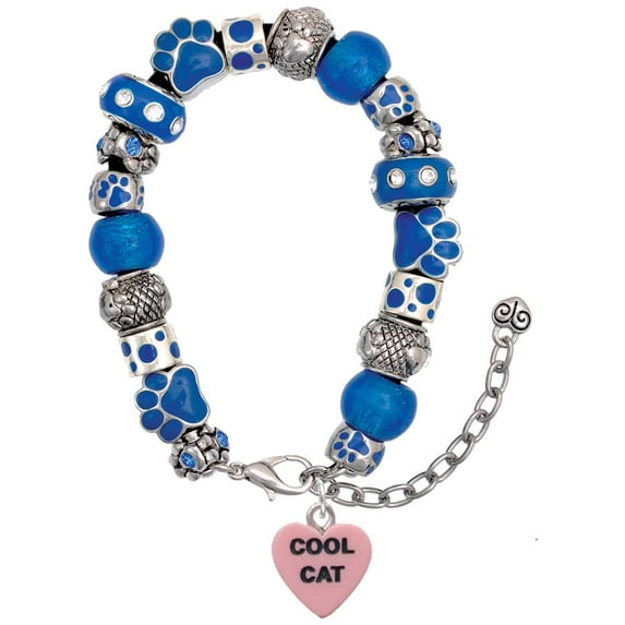 Delight Jewelry Acrylic Pink "Cool Cat / Purr Fect" Heart Blue Paw Print Bead Bracelet, 7"+2"