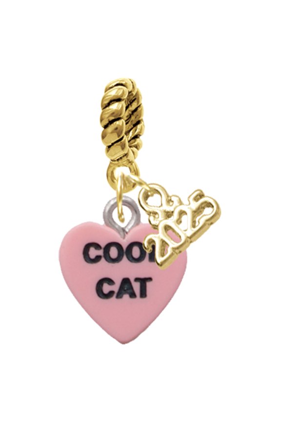 Acrylic Pink "Cool Cat / Purr Fect" Heart - Gold-tone Rope Charm Bead Dangle with Mini 2025
