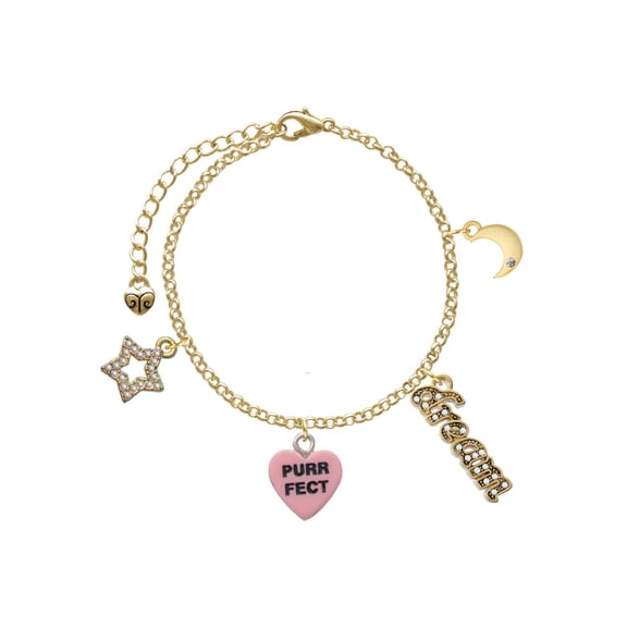 Delight Jewelry Acrylic Pink "Cool Cat / Purr Fect" Heart Goldtone Dream Big Charm Bracelet, 7.5+2" Extender