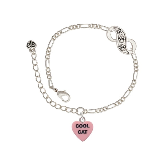 Delight Jewelry Acrylic Pink "Cool Cat / Purr Fect" Heart Silver-tone Paw Infinity Link Chain Bracelet, 6"+2" Extender