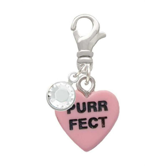 Delight Jewelry Acrylic Pink "Cool Cat / Purr Fect" Heart - Silvertone Clip on Charm with Clear Crystal Drop