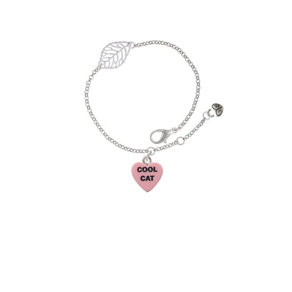 Delight Jewelry Acrylic Pink "Cool Cat / Purr Fect" Heart - Silvertone Leaf Delicate Bracelet, 6.25+1.75"