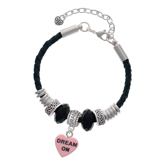 Delight Jewelry Acrylic Pink "Dream On / Bite Me" Heart Granddaughter Celtic Knot Leather Bead Bracelet, 7"+2" Extender