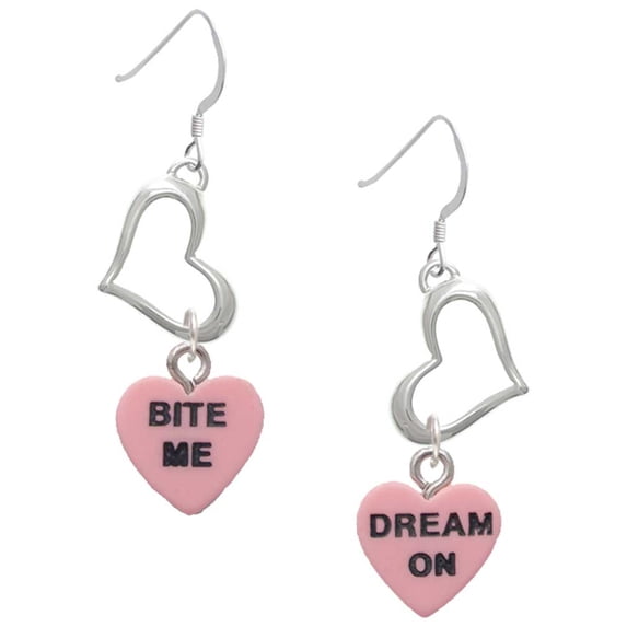 Delight Jewelry Acrylic Pink "Dream On / Bite Me" Heart Open Heart French Earrings