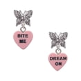 thumbnail image 1 of Delight Jewelry Acrylic Pink "Dream On / Bite Me" Heart Silvertone Antiqued Butterfly Post Earrings, 1 of 4
