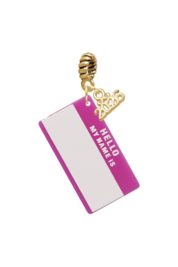 Acrylic Pink "Hello" Name Tag - Goldtone Plated Rope Charm Bead Dangle with Mini 2026