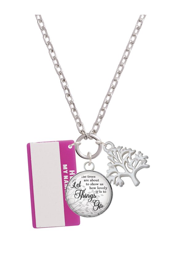Acrylic Pink "Hello" Name Tag Let Things Go Fall Zoey Charm Necklace, 28"