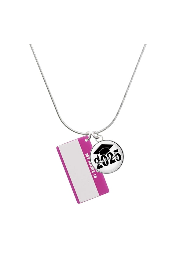 Acrylic Pink "Hello" Name Tag - Script Class of 2025 Dome Charm Necklace, 18"