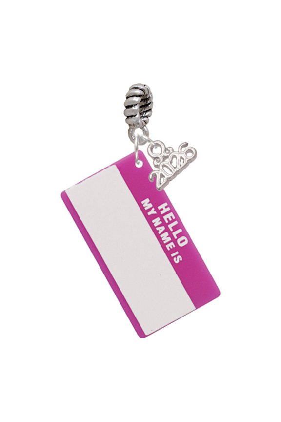 Acrylic Pink "Hello" Name Tag - Silver Plated Rope Charm Bead Dangle with Mini 2026
