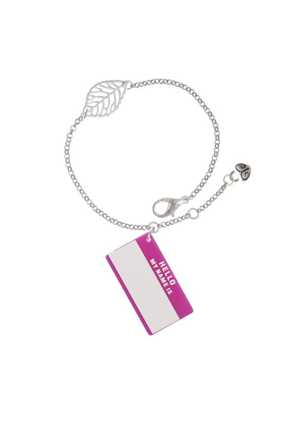 Acrylic Pink "Hello" Name Tag - Silvertone Leaf Delicate Bracelet, 6.25+1.75"