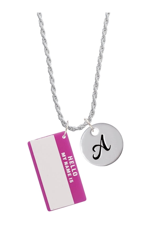 Acrylic Pink "Hello" Name Tag Silvertone Script Initial Disc - A - Charm Necklace, 20"+3"