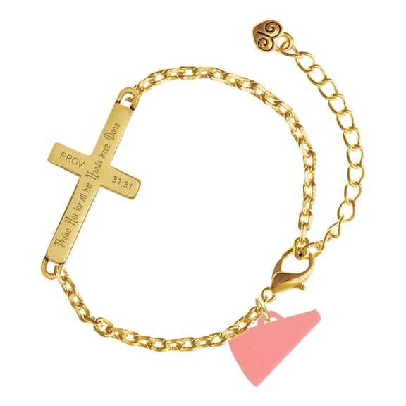 Delight Jewelry Acrylic Pink Megaphone - Gold Tone Proverbs 31:31 Praise Her for all Her Hands have Done Engraved Cross Charm Bracelet, 6.5+1.5" Extender