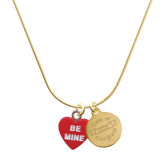 Delight Jewelry Acrylic Red "Be Mine / Kiss Me" Heart - Goldtone Engraved Congrats Class of 2026 Charm Necklace, 18"