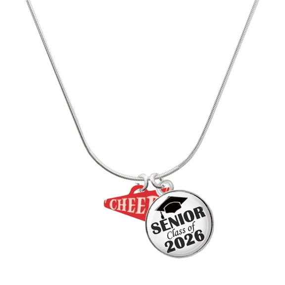 Delight Jewelry Acrylic Red Cheer Megaphone - Silvertone Senior Class of 2026 Dome Necklace, 18"
