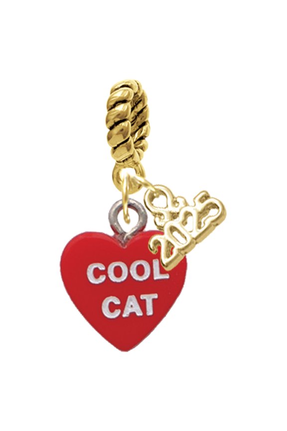 Acrylic Red "Cool Cat / Purr Fect" Heart - Gold-tone Rope Charm Bead Dangle with Mini 2025