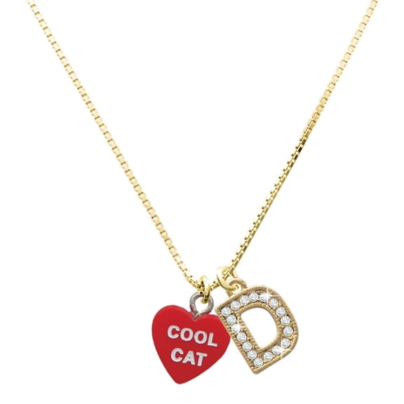 Delight Jewelry Acrylic Red "Cool Cat / Purr Fect" Heart with a Large Goldtone Crystal Initial - D - Charm Necklace, 17.5"+2"