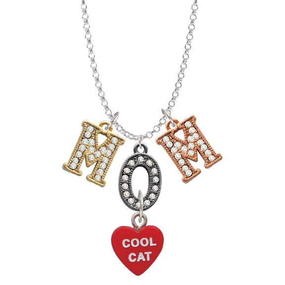 Delight Jewelry Acrylic Red "Cool Cat / Purr Fect" Heart Multi-Colored Crystal Mom Charm Necklace