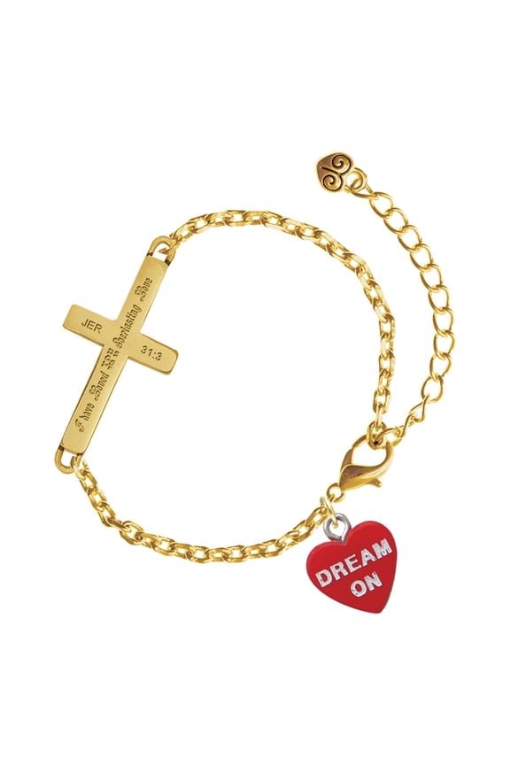 Acrylic Red "Dream On / Bite Me" Heart - Gold Tone Jeremiah 31:3 Everlasting Love Engraved Cross Charm Bracelet, 6.5+1.5" Extender