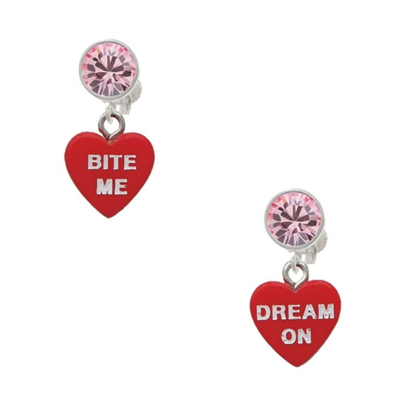 Delight Jewelry Acrylic Red "Dream On / Bite Me" Heart Pink Crystal Clip on Earrings