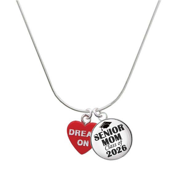 Delight Jewelry Acrylic Red "Dream On / Bite Me" Heart - Silvertone Senior Mom Class of 2026 Dome Necklace, 18"