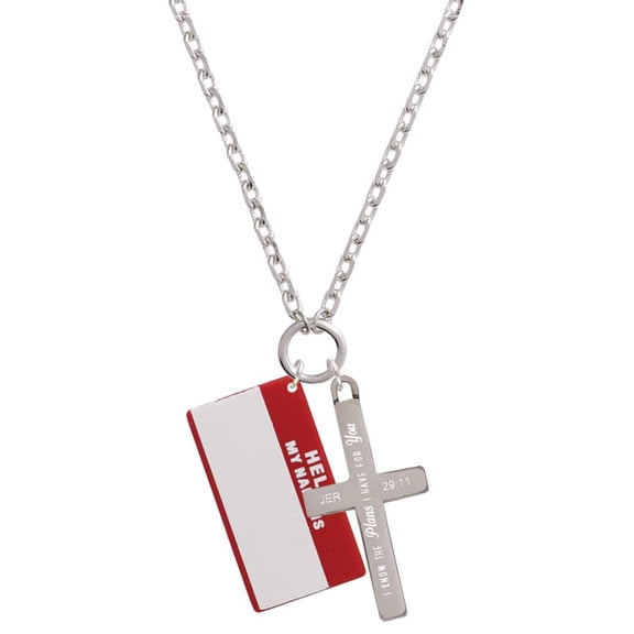 Delight Jewelry Acrylic Red "Hello" Name Tag I Have Plans for You Engraved Cross Zoey Necklace, 28"